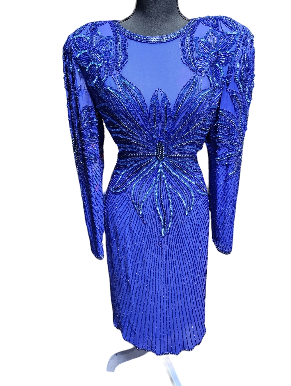 Vintage Destinee Royal Blue Long-Sleeve Beaded Cocktail Dress Size 12